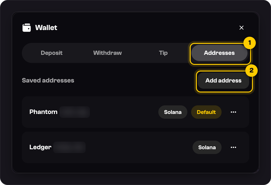 The Addresses tab marked 1 and the Add address button marked 2