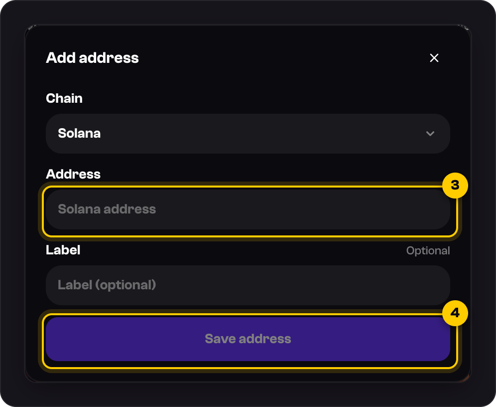 The Add address form: Address marked 3 and Save address marked 4