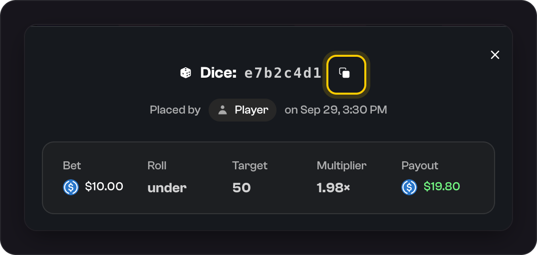 A Dice bet card with the copy icon next to the bet's name highlighted