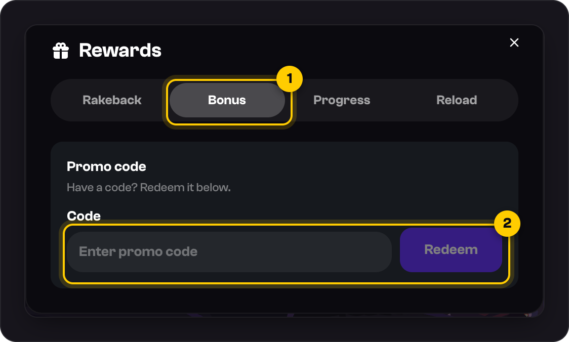 Rewards: the Bonus tab marked 1, and the promo code field with its Redeem button marked 2