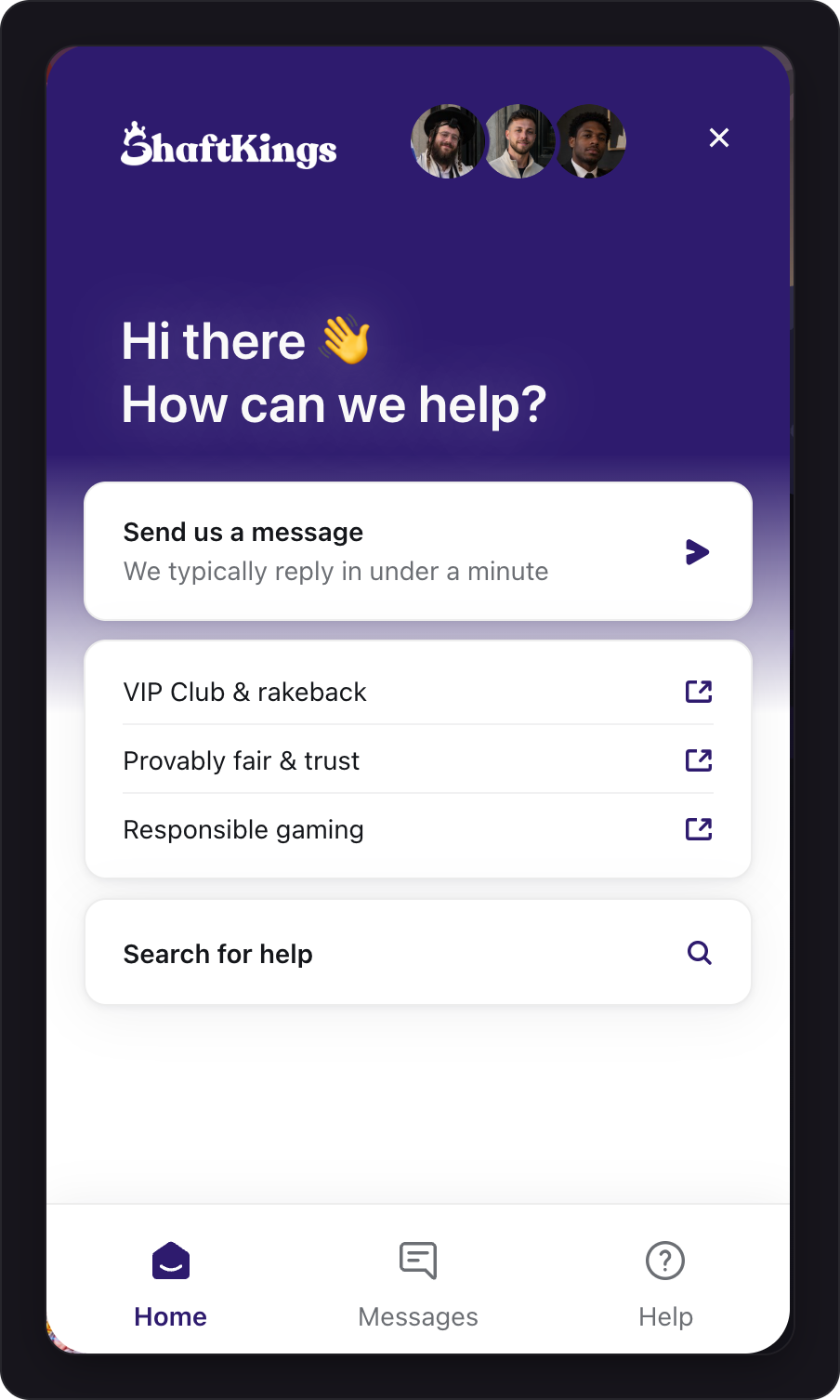The ShaftKings chat open on Home: Send us a message, Search for help, and the Help tab