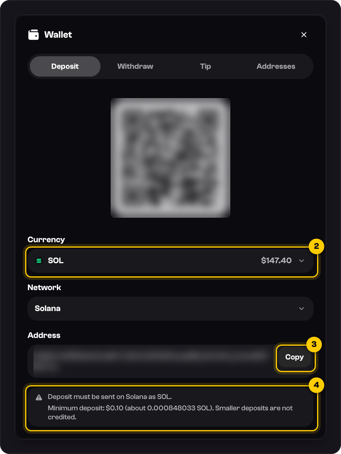 The Deposit tab: Currency marked 2, Copy marked 3, and the network and minimum note marked 4