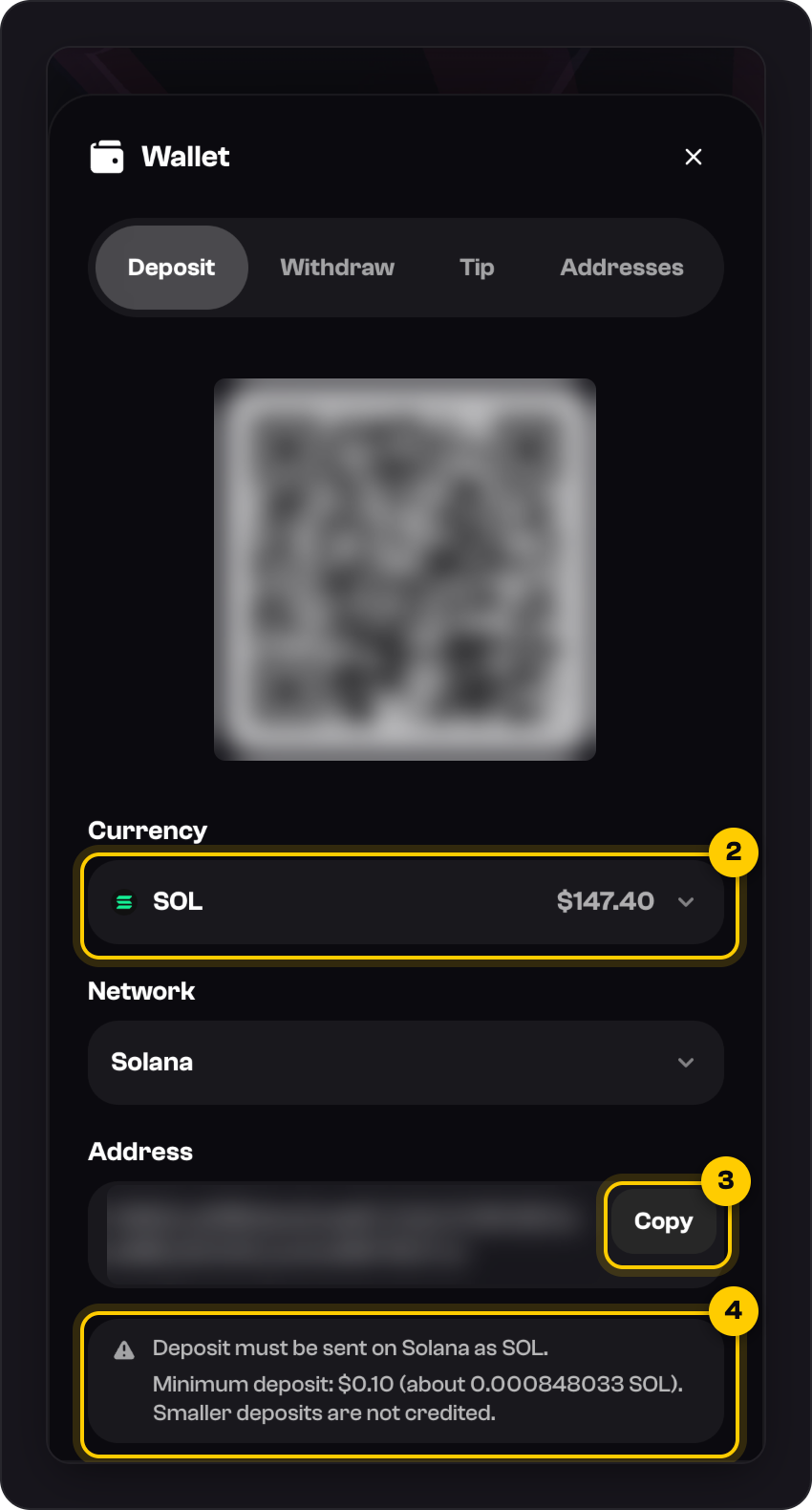 The Deposit tab on a phone: Currency marked 2, Copy marked 3, and the network and minimum note marked 4