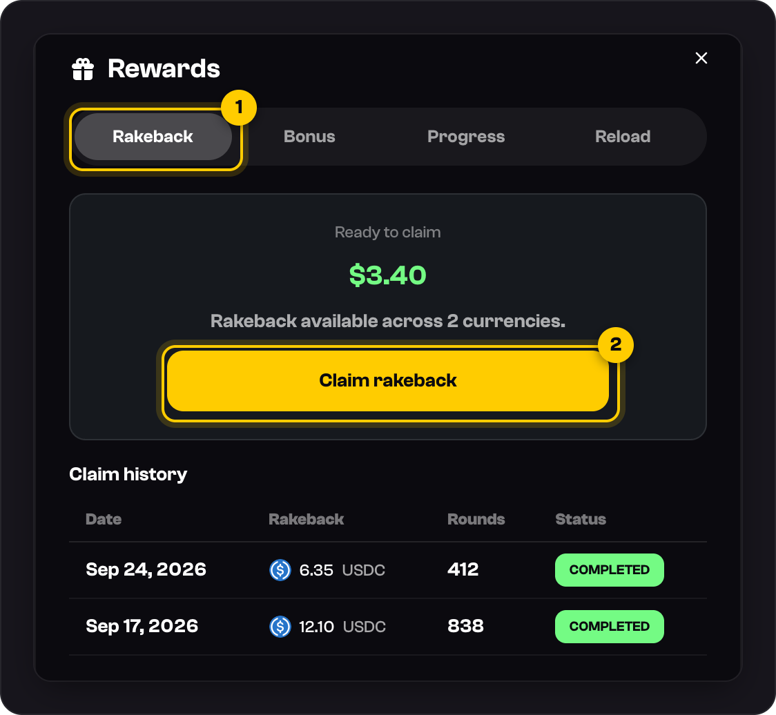 Rewards: the Rakeback tab marked 1 and Claim rakeback marked 2