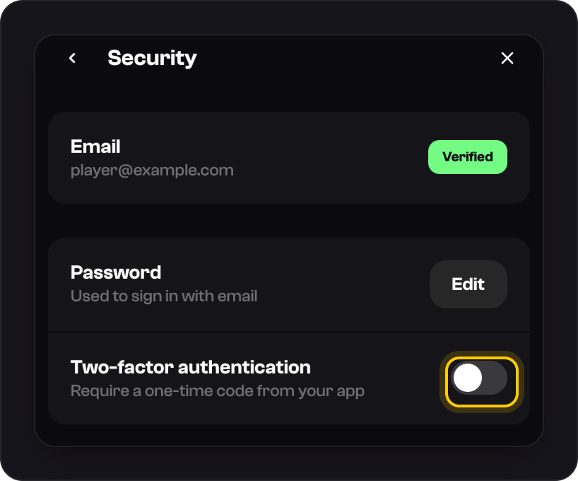 Settings, Security: the Two-factor authentication switch highlighted