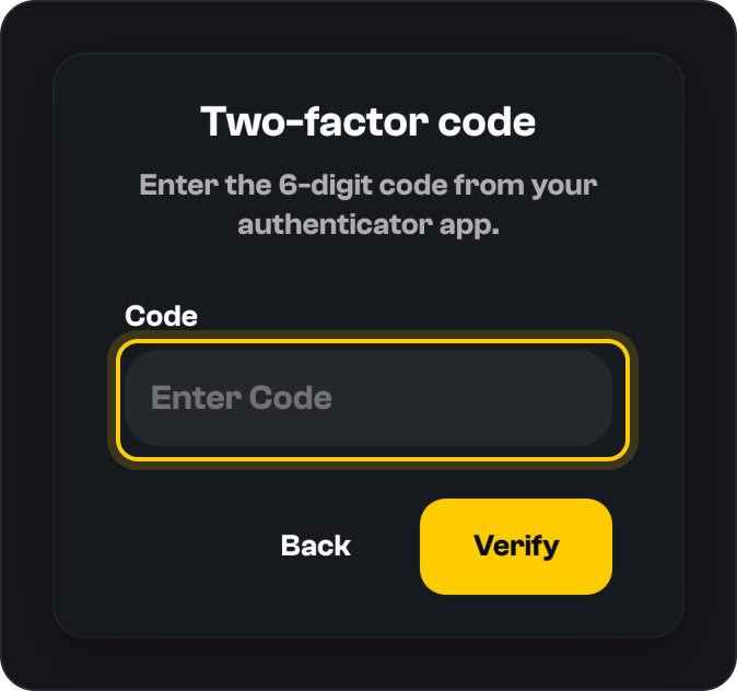 The Two-factor code step: enter the 6-digit code from your authenticator app, then Verify