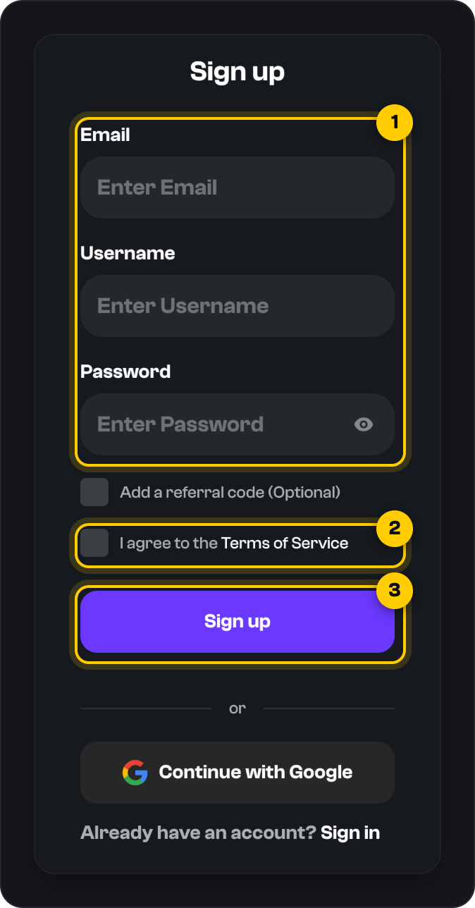 The Sign up form: Email, Username and Password marked 1, the Terms box marked 2 and the Sign up button marked 3