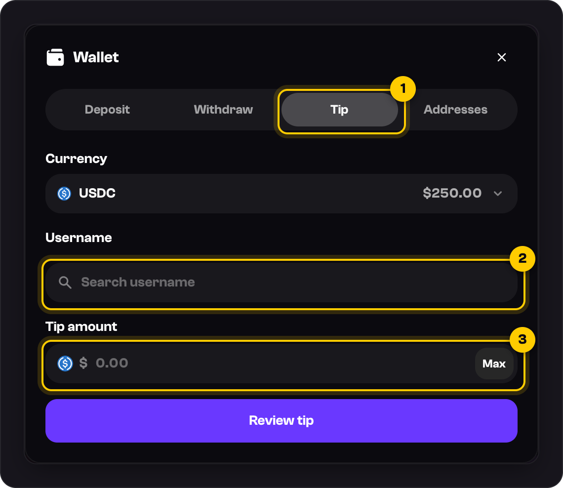 The Tip tab: the Tip tab marked 1, Username 2 and Tip amount 3