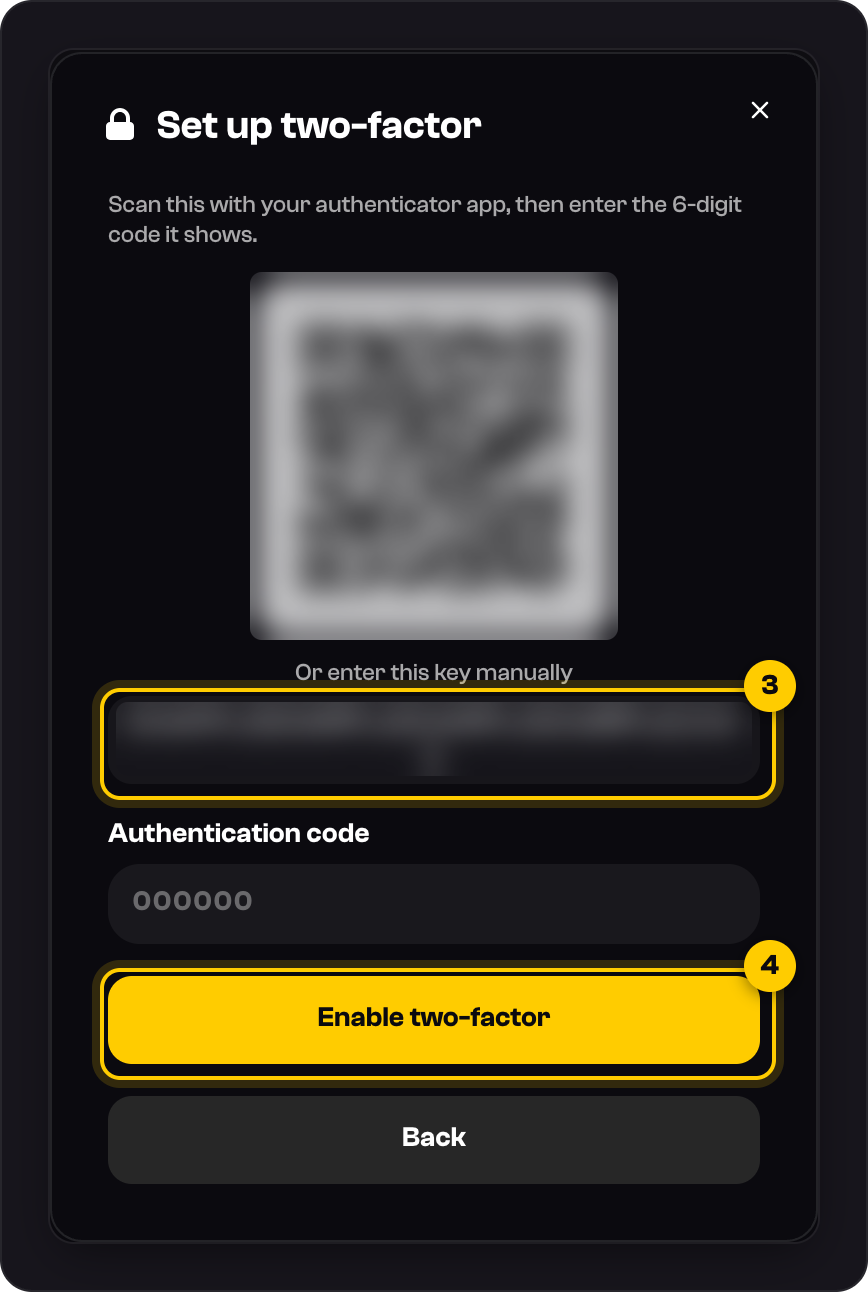 Set up two-factor: the QR code, the key to copy marked 3, and Enable two-factor marked 4. The QR code and key are blurred