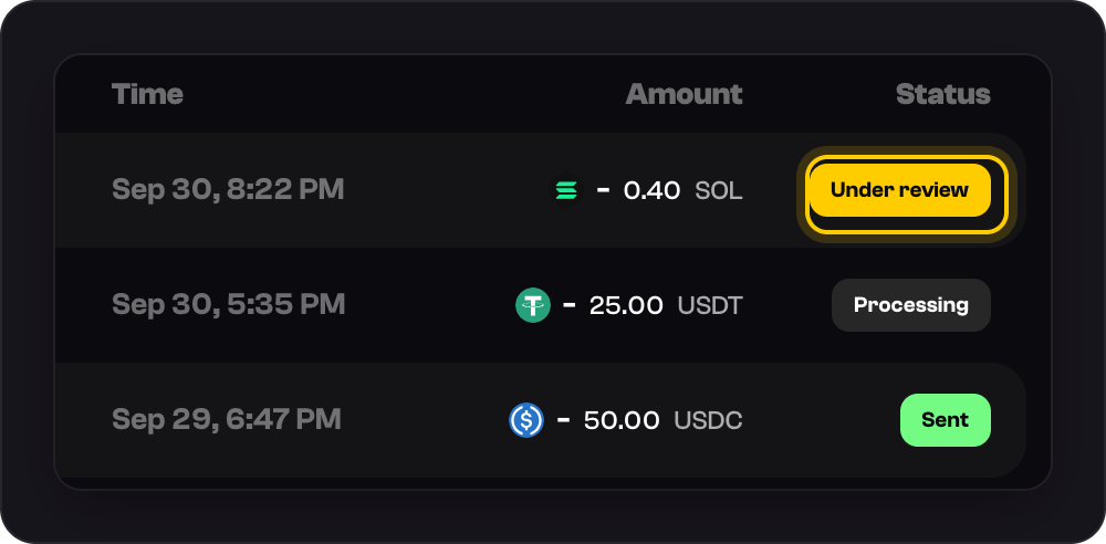 Settings, Transactions: a withdrawal showing Under review, highlighted