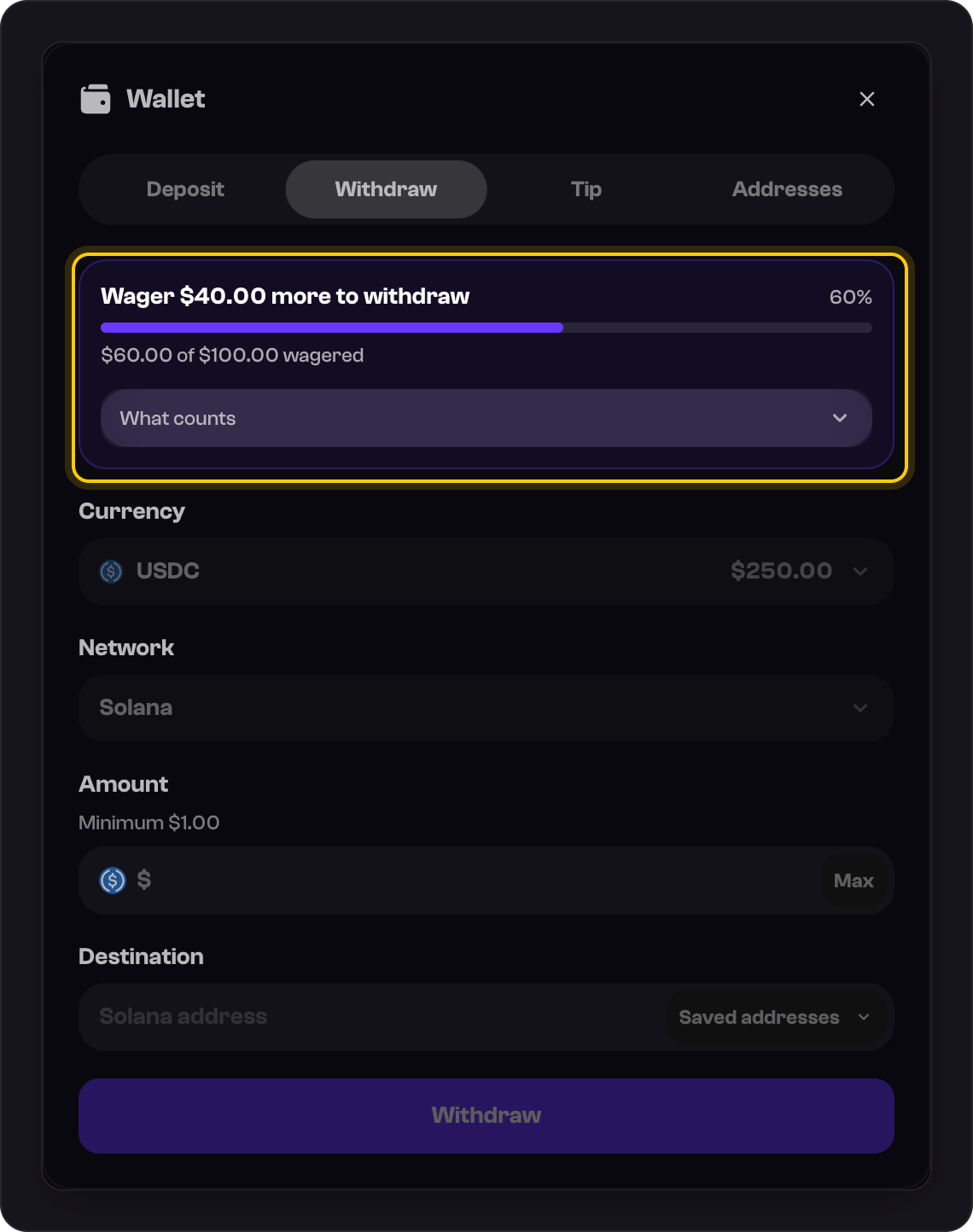 The Withdraw tab's wagering panel, highlighted: how much is left to wager, the progress bar, how much has been wagered so far, and What counts