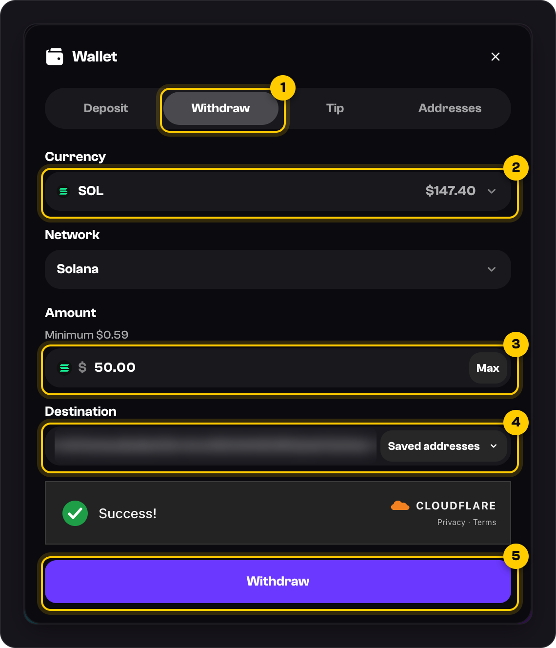 The Withdraw tab: Withdraw tab marked 1, Currency 2, Amount 3, Destination 4 and the Withdraw button 5